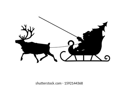 Silhouette of Santa Claus in his christmas sled pulled by reindeer. Vector illustration isolated on white background