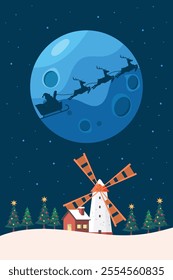 Silhouette of Santa Claus and his reindeer sleigh against the moon over the windmill. Vector illustration