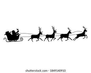 Silhouette of Santa Claus on a reindeer sleigh. isolate on white background. Vector illustration