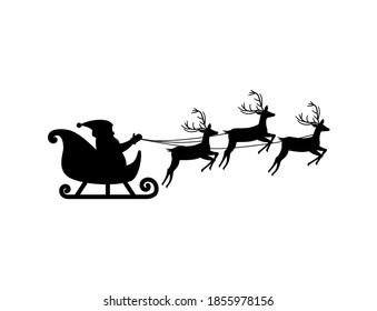 Silhouette Of Santa Claus On Sledge With Deer, Isolated On White Background, Vector Illustration esp