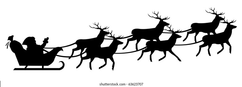 Silhouette Of Santa Claus On Sledge With Deer, Isolated On White Background, Vector Illustration