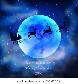Silhouette  Santa Claus On Sledge With Deer on moon background. Cartoon style. Merry Christmas and Happy New Year holiday banner.
