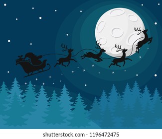 Silhouette of Santa Claus on a sleigh with deer at night flying near the moon over the winter forest.