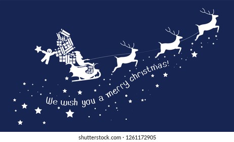 Silhouette of santa claus on sleigh full of gifts and his reindeers. Happy new year decoration. Merry christmas holiday. New year celebration. Vector illustration in flat style. We wish you a merry