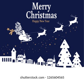 Silhouette of santa claus on sleigh full of gifts and his reindeers. Happy new year decoration. Merry christmas holiday. New year  celebration. Vector illustration in flat style