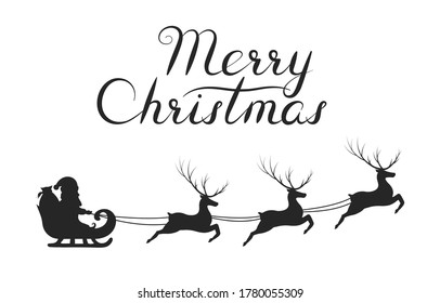 Silhouette of santa claus on sleigh with reindeers. Happy new year decoration. Merry christmas holiday lettering. Vector isolated illustration for xmas celebration.