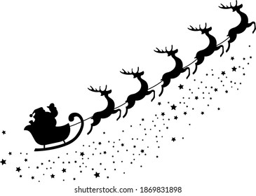 Silhouette of Santa Claus on sleigh with reindeers. Happy New Year decoration. Merry Christmas holiday. New Year and Xmas celebration. 