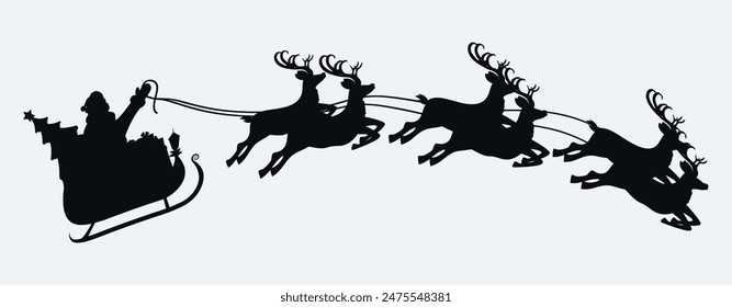 Silhouette of santa claus on sleigh full of gifts and his reindeers. Happy new year decoration. Merry christmas holiday. New year and xmas celebration. Vector illustration in flat style