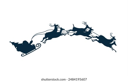 Silhouette of santa claus on sleigh full of gifts and his reindeers. Happy new year decoration. Merry christmas holiday. New year and xmas celebration. Vector illustration in flat style