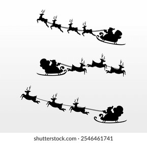 Silhouette of santa claus on sleigh full of gifts and his reindeers. Happy new year decoration. Merry christmas holiday. New year and xmas celebration. Vector illustration in flat style