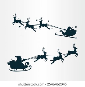 Silhouette of santa claus on sleigh full of gifts and his reindeers. Happy new year decoration. Merry christmas holiday. New year and xmas celebration. Vector illustration in flat style