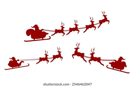 Silhouette of santa claus on sleigh full of gifts and his reindeers. Happy new year decoration. Merry christmas holiday. New year and xmas celebration. Vector illustration in flat style