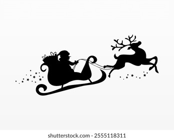 Silhouette of santa claus on sleigh full of gifts and his reindeers. Happy new year decoration. Merry christmas holiday. New year and xmas celebration. Vector illustration in flat style
