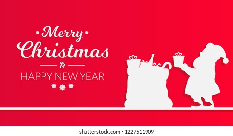 Silhouette of Santa Claus packing presents on red background. Christmas concept.