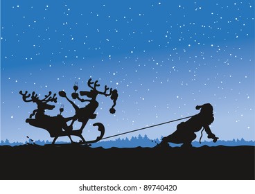 Silhouette - Santa Claus pulls sleigh with drunken reindeer