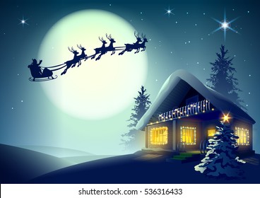 Silhouette Santa Claus and reindeer flying over Christmas house in winter forest. Vector illustration for greeting card