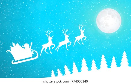 Silhouette of Santa Claus with reindeer and presents at the night sky. Vector.