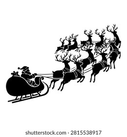 Silhouette of Santa Claus with reindeer pulling his sleigh across the night sky, capturing a festive holiday scene with a plain white background.