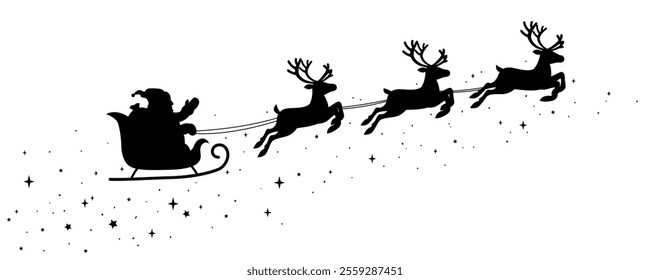 Silhouette Santa Claus rides a sleigh with reindeer on white background. Merry Christmas and Happy New Year