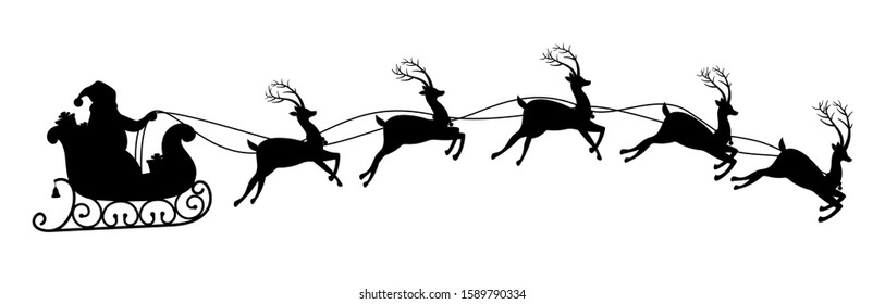 Silhouette of santa claus riding on reindeer sleigh.