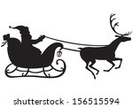 Silhouette of Santa Claus riding a sleigh pulled by reindeer, and carries a sack of gifts