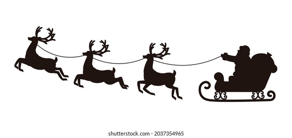 Silhouette of Santa Claus riding in a sleigh pulled by reindeer.  Christmas vector illustration.