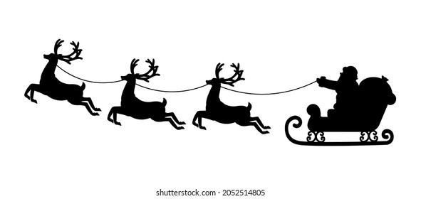 Silhouette of Santa Claus riding in a sleigh pulled by reindeer. Christmas vector illustration.