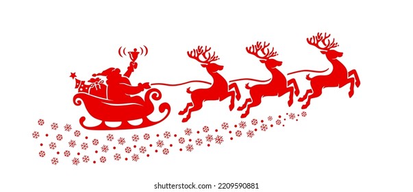 Silhouette of Santa Claus riding in a sleigh with reindeer. Vector on transparent background