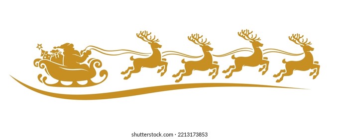 Silhouette of Santa Claus riding in a sleigh with reindeer. Vector on transparent background