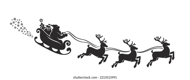 Silhouette de Santa Claus montada en trineo con reno. Vector en fondo transparente
