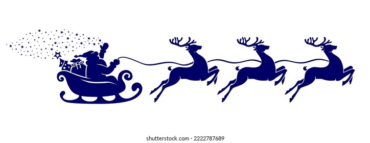 Silhouette of Santa Claus riding in a sleigh with a Christmas tree and gifts pulled by reindeer. Vector on transparent background