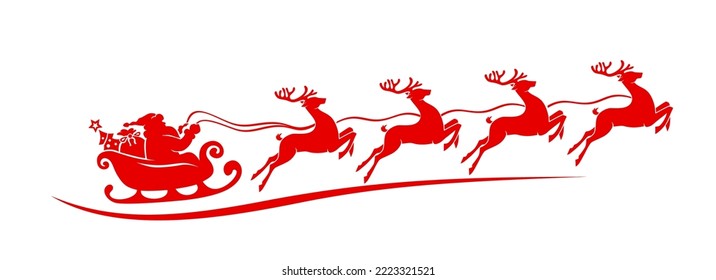 Silhouette de Santa Claus cabalgando en un trineo con un árbol de Navidad y regalos tirados por renos. La decoración navideña es un símbolo rojo. Vector en fondo transparente