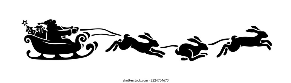 Silhouette of Santa Claus riding in a sleigh with rabbits. Vector on transparent background