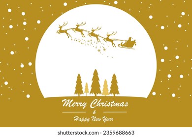 Silhouette Santa Claus Riding Sleigh flying Reindeer into the forest. Christmas night on full Moon. Christmas tree.