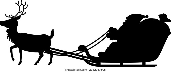 Silhouette of Santa Claus riding a sleigh pulled by walking reindeer. Christmas illustration material.