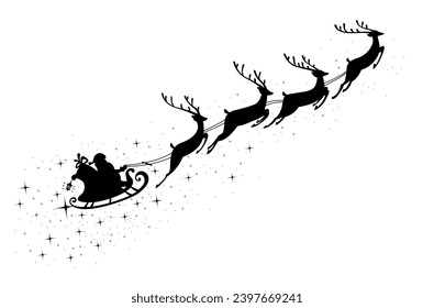 Silhouette of Santa Claus riding in a sleigh with reindeer