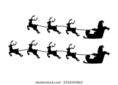 Silhouette of Santa Claus riding a sleigh pulled by reindeer.vector