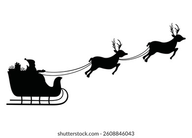 Silhouette of Santa Claus Riding in Sleigh Pulled by Reindeer Christmas Vector Illustration