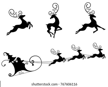 Silhouette of Santa Claus riding in a sleigh with reindeer