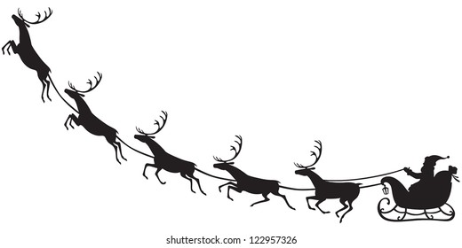 Silhouette of Santa Claus sitting in a sleigh, reindeer who pull