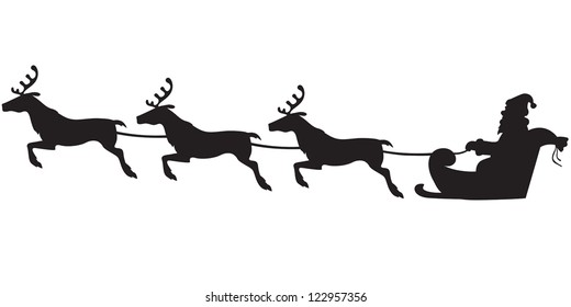 Silhouette of Santa Claus sitting in a sleigh, reindeer who pull