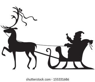 Silhouette of Santa Claus sitting in a sleigh, deer who pull