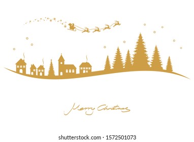 silhouette of Santa Claus with sled and reindeers over a church, houses and conifers isolated on white background with christmas and new year greetings