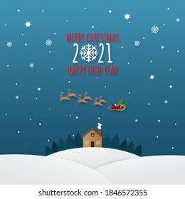 silhouette of santa claus with sled and reindeers on the sky coming landscape forest Christmas tree in winter snow. Merry christmas and happy new year. Christmas greeting card