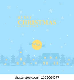 silhouette of santa claus with sled and reindeers on the sky coming at city village and christmas tree in night time with snowfall. Merry christmas and happy new year.Vector illustration