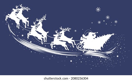 Silhouette of Santa Claus in a sleigh with a Christmas tree pulled by reindeer. Vector illustration of Santa Claus reindeer team flying across the sky.