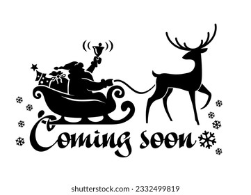 Silhouette of Santa Claus in sleigh with Christmas tree and gifts pulled by deer. Christmas decoration symbol. Vector on transparent background