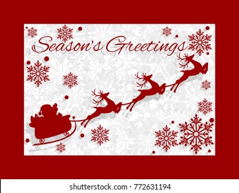 Silhouette of Santa Claus sleigh with a group of reindeer with snowflakes and Season's Greetings text in red color on white background with red frame. Design for winter holidays season greeting banner