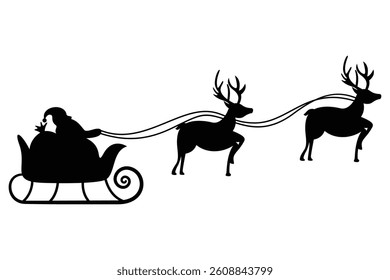 Silhouette of Santa Claus in Sleigh Pulled by Reindeer  Christmas Vector Illustration