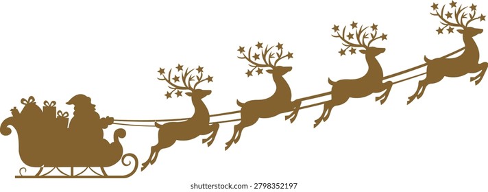 Silhouette of santa claus in a sleigh pulled by reindeer with starshaped antlers